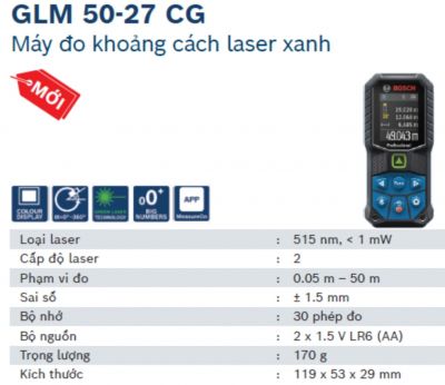 Máy đo khoảng cach Laze tia xanh Bosch GLM 50-27 CG