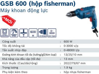 Máy khoan động lực Bosch GSB 600 (Hộp Fisherman)